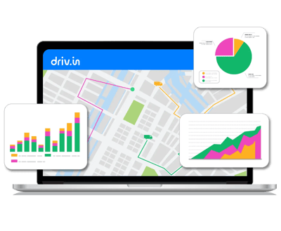 Plataforma de Driv.in mostrando mapa de rutas logísticas y paneles de análisis con gráficos de desempeño, eficiencia y métricas de transporte.