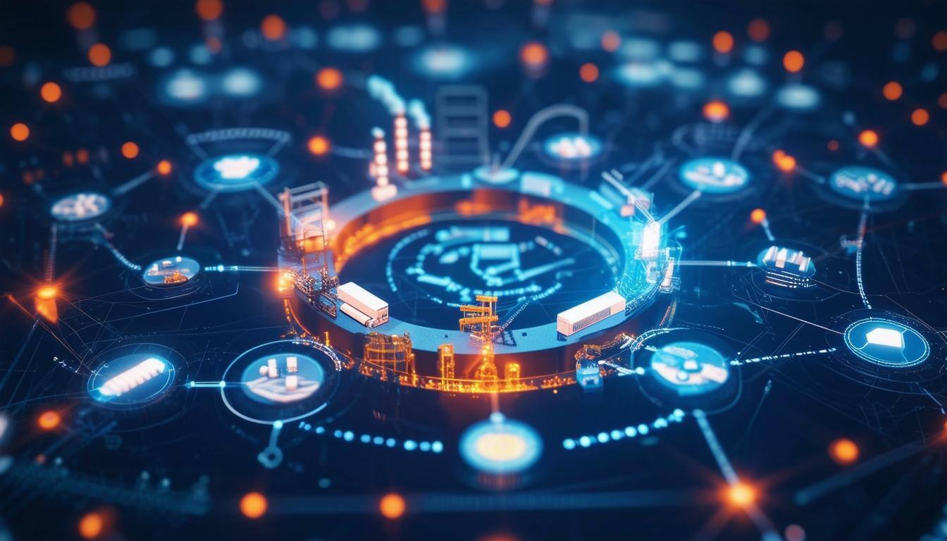 A circular supply chain with various interconnected processes and components