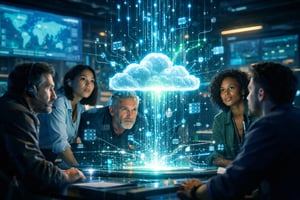 personas en una reunion viendo figurativamente como funciona una solución en la nube