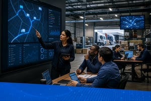 mujer ejecutiva de logística mirando la pantalla señalando una ruta del tms