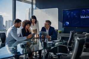 ejecutivos reunidos revision de kpis en tele