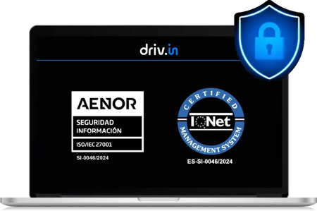 Certificación ISO/IEC 27001 de seguridad de la información otorgada a Driv.in por AENOR e IQNet, garantizando protección de datos y gestión segura en logística digital.