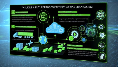 An image of a futuristic, sustainable and efficient green supply chain system integrating technology like AI, IoT, ML, and blockchain, aiming to reduc