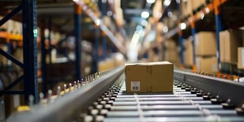 Caja de cartón en cinta transportadora dentro de almacén, lista para envío como parte del proceso logístico