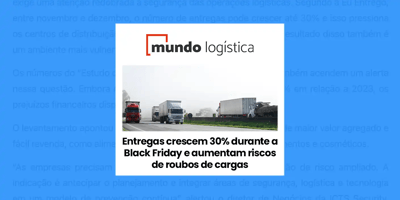 Caminhões na estrada com titulo da matéria sobre roubo de cargas e logo do Mundo Logistica no topo