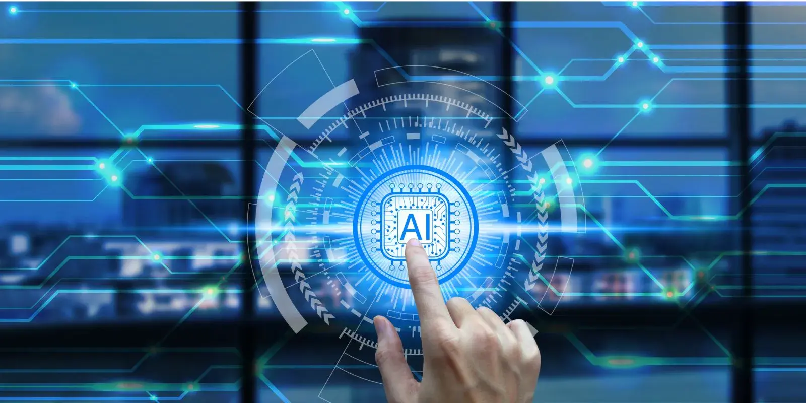 Mano tocando ícono digital de inteligencia artificial con circuito tecnológico y fondo de interfaz futurista azul.