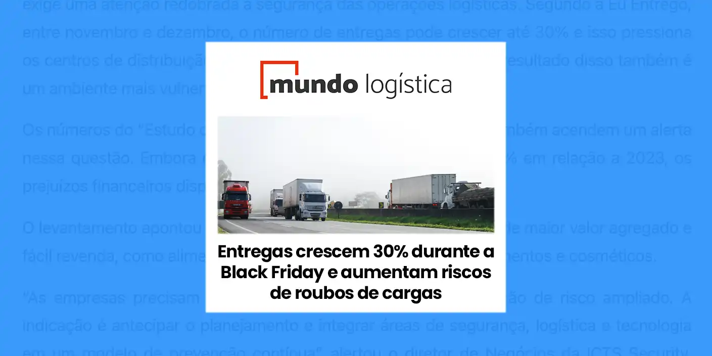 Caminhões na estrada com titulo da matéria sobre roubo de cargas e logo do Mundo Logistica no topo