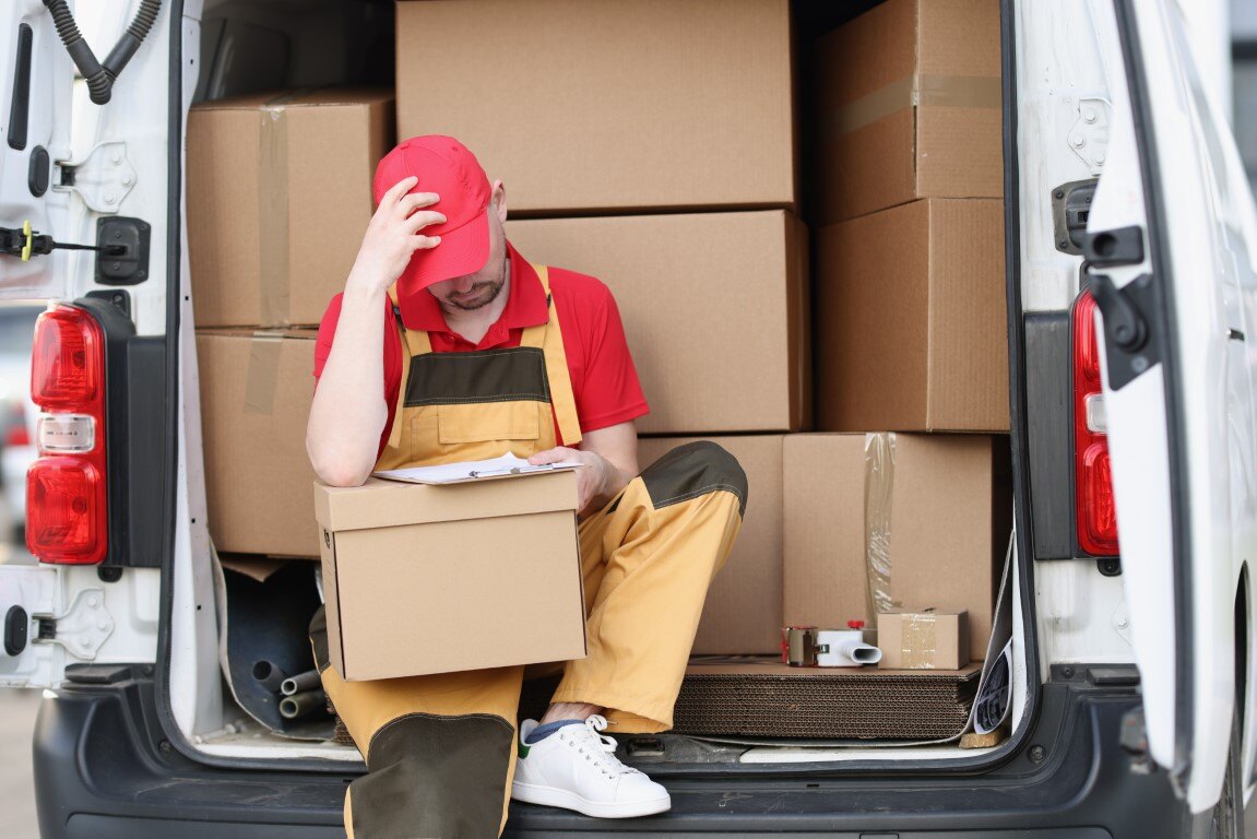Repartidor cansado en la parte trasera de una camioneta, rodeado de cajas, reflejando los problemas comunes al optimizar rutas de entrega.